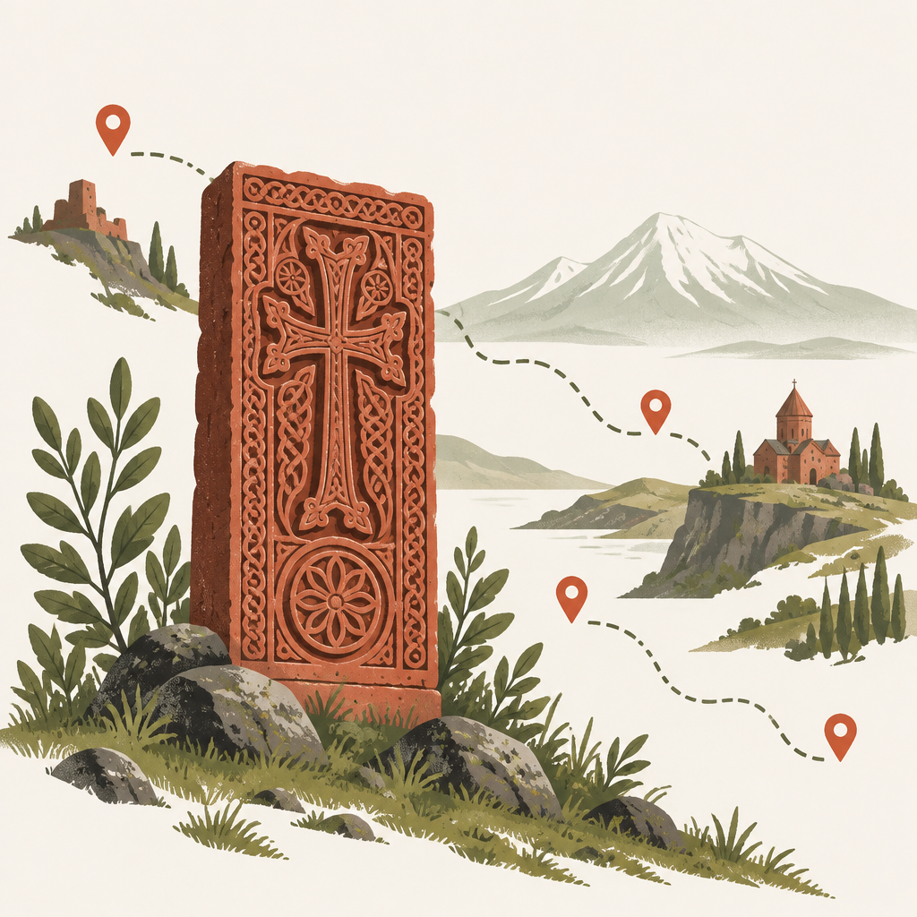 Illustration of an Armenian khachkar on a hill, with dotted map routes and location pins leading to distant Armenian landmarks